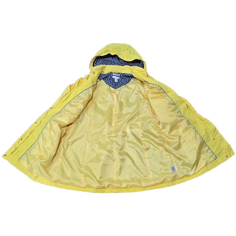 Water Resistant Yellow Raincoat Gingham Lined Hood Nautical Anchor 1 Button Gone - Picture 3 of 9